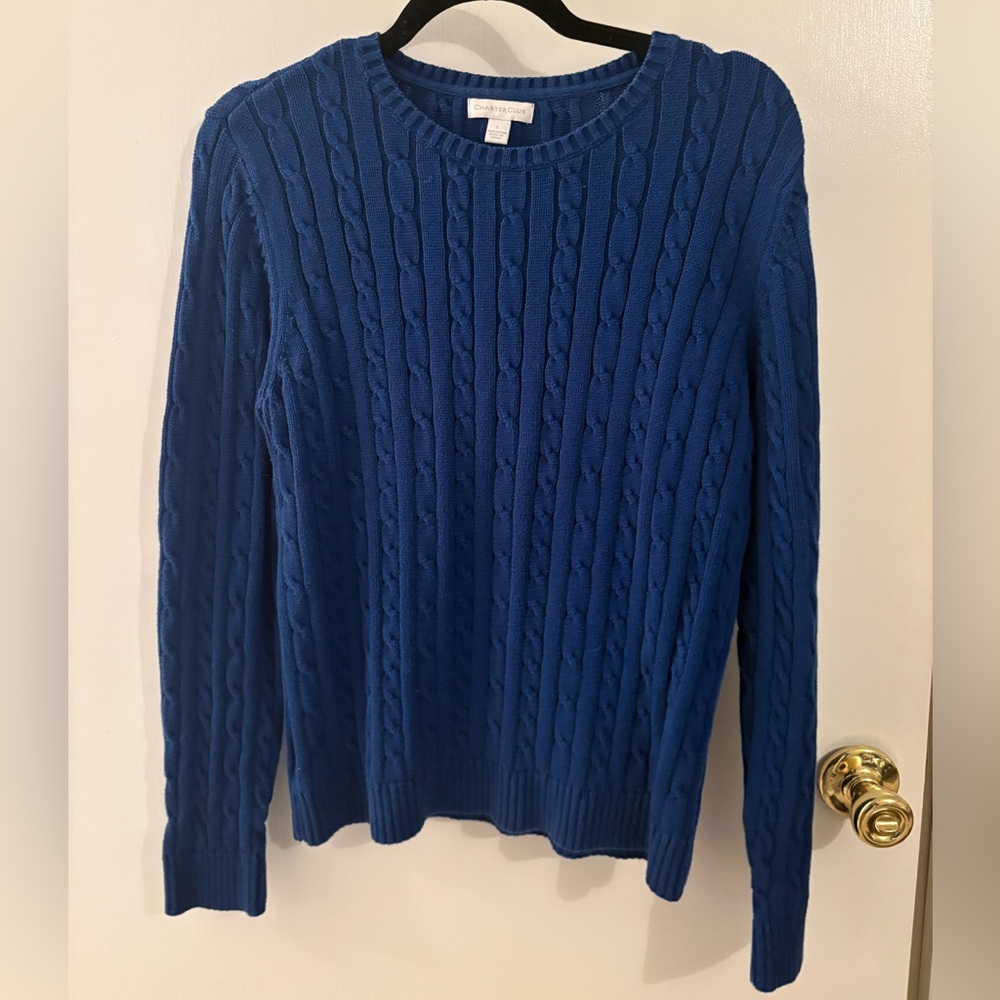 Charter Club 100% Cotton Royal Blue Cable Knit Crewneck Sweater
